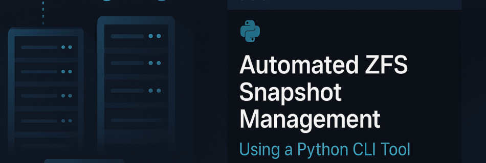 Feature image showing Automated ZFS Snapshot Management using a Python CLI tool with a dark modern design, terminal command, and abstract ZFS storage illustration.
