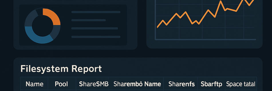 Dark-themed dashboard-style illustration showing Python automation interacting with Oracle ZFS storage, including charts, filesystem tables, and status widgets labeled “Filesystem Report.”