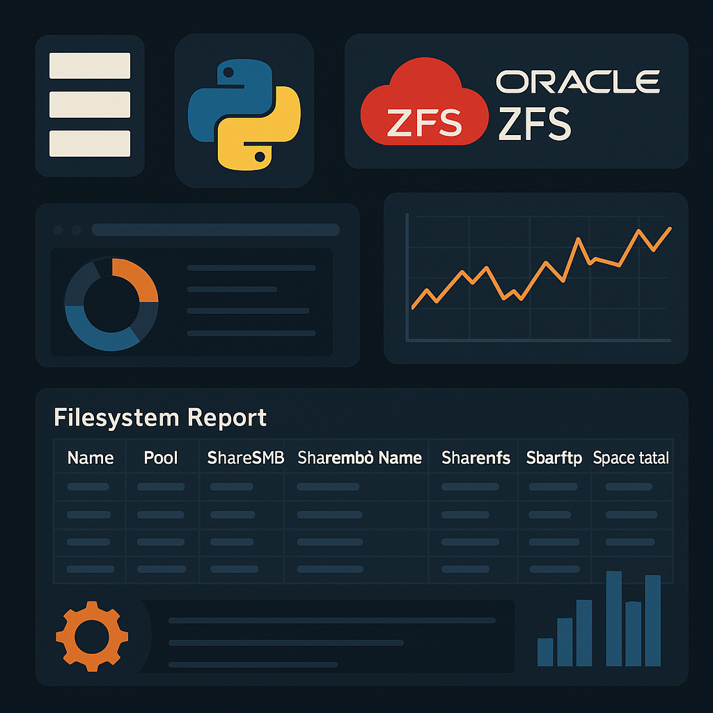 Dark-themed dashboard-style illustration showing Python automation interacting with Oracle ZFS storage, including charts, filesystem tables, and status widgets labeled “Filesystem Report.”